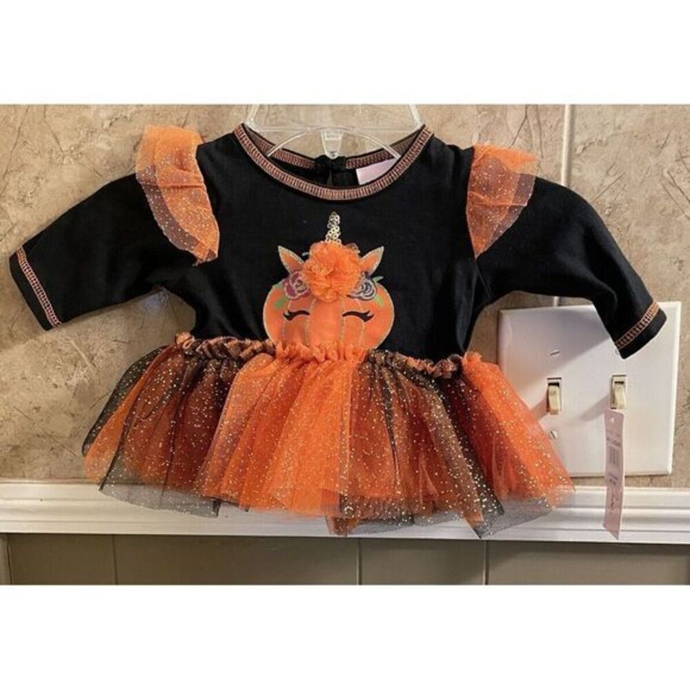 Little Lass Halloween Unicorn Top Baby Girl Size 0-3 M‎ Orange/Black Adorable